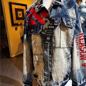 NEW‎ Reason status DENIM trucker Jacket Hand crafted blue Fl-07 SZ XL